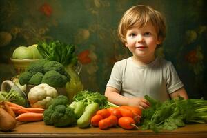 ai generiert ein klein Kind sitzt beim das Tabelle im Vorderseite von ihm Gemüse, Brokkoli, Möhren, Tomaten, Kohl foto