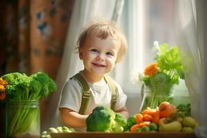 ai generiert ein klein Kind sitzt beim das Tabelle im Vorderseite von ihm Gemüse, Brokkoli, Möhren, Tomaten, Kohl foto