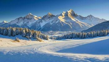 ai generiert Winter Berg Landschaft mit Wald im Aussicht foto