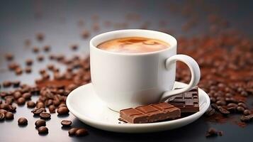 ai generiert Weiß Kaffee Tasse Nächster zu Stücke von Schokolade Bar und Kaffee Bohnen. ai generativ. foto