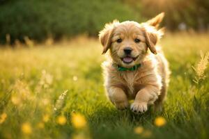 ai generiert golden Retriever Hündchen auf das Gras foto