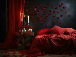 ai generiert ai Generation. romantisch Valentinsgrüße Tag Hintergrund mit Bett mit rot Bettwäsche, Rose Blütenblätter foto