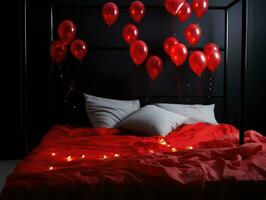 ai generiert ai Generation. romantisch Valentinsgrüße Tag Hintergrund mit Bett mit rot Bettwäsche, Rose Blütenblätter foto