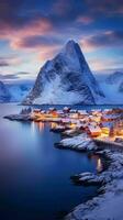 ai generiert schön schneebedeckt Landschaft von Norwegen foto