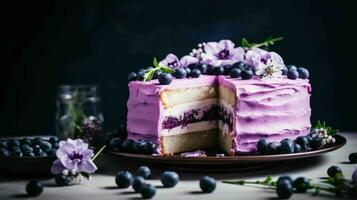 ai generiert köstlich Blaubeere Zitrone Lavendel Kuchen foto