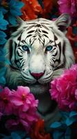 ai generiert schön Weiß Tiger mit Blau Augen und Frühling Blumen foto