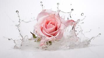 Rosa Rose mit Wasser Spritzen und Tropfen auf ein Weiß Hintergrund. Nahansicht. ai generativ. foto