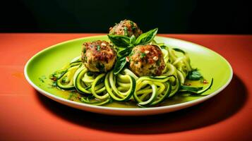 ai generiert Knoblauch Butter Truthahn Fleischklößchen mit Zucchini Nudeln foto