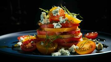 ai generiert Erbstück Tomate und Blau Käse Salat foto