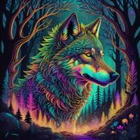 ai generiert Illustration von bunt Regenbogen Wolf im ein Wald beim Nacht. Vektor Illustration. foto