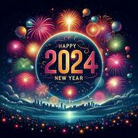 ai generiert ein majestätisch Feuerwerk Anzeige leuchtet das Horizont im ein festlich herzlich willkommen zu glücklich Neu Jahr 2024 foto