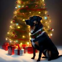 ai generiert Hund mit Weihnachten Baum und Geschenk Kisten foto