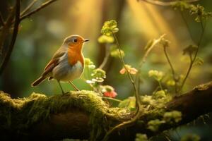 ai generiert ein Robin thront auf ein Baum Ast Weiß nett Hintergrund foto