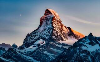 ai generiert zauberhaft Gelassenheit, Mondschein Majestät auf schneebedeckt Berg Gipfel foto