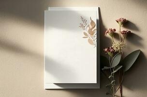 ai generiert leer Hochzeit Karte Einladung spotten oben mit Blumen- zum dekoriert Hintergrund, minimal Design Karte, generativ ai foto