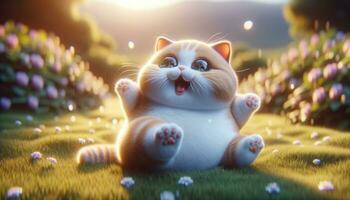 ai generiert froh animiert Katze spielen im beschwingt Wiese Sonnenuntergang foto