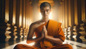 ai generiert Mönch meditiert im Tempel gebadet im ätherisch golden Licht foto