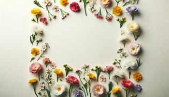 ai generiert beschwingt Blumen- Anordnung auf Weiß Hintergrund Flatlay foto