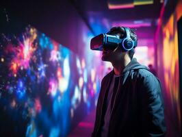 jung Mann mit virtuell Wirklichkeit Headset, suchen um beim interaktiv Technologie Ausstellung mit Mehrfarbig Beamer Licht Beleuchtung, ai generiert foto