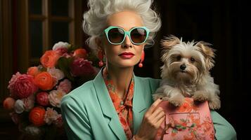 schick Frau mit Sonnenbrille halten stilvoll Hund foto