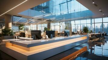 ai generiert Innere Design modern kreativ Büro Foyer, korporativ öffnen Arbeitsplatz, Coworking Büro Zimmer foto
