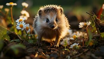 ai generiert süß Igel Sitzung auf Gras, warnen im Herbst Wald generiert durch ai foto