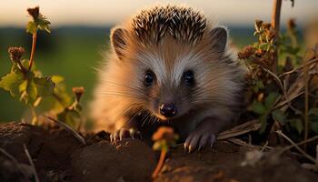 ai generiert süß Igel Sitzung auf Gras, warnen im Herbst Wald generiert durch ai foto