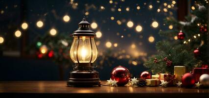 ai generiert ein Laterne und Weihnachten Ornamente auf ein hölzern Tisch, mit festlich Beleuchtung im das Hintergrund. gemütlich festlich Hintergrund. foto