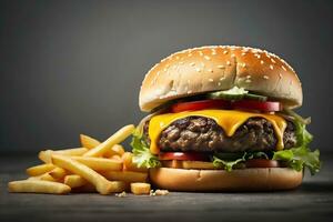 ai generiert köstlich Cheeseburger und Französisch Fritten gegen ein dunkel minimalistisch Hintergrund. Essen Fotografie. Werbung Fotografie. foto