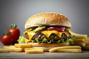 ai generiert saftig Cheeseburger mit Tomate, Kopfsalat, Gurken, und Französisch Fritten gegen ein minimalistisch Hintergrund. Essen Fotografie. Werbung Fotografie. foto