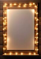 ai generiert hölzern Bretter Hintergrund mit gerahmt Papier dekoriert mit Weihnachten Beleuchtung, Abend Beleuchtung foto