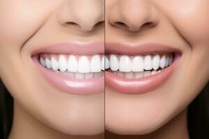 ai generiert Frau Weiß Schönheit Oral Behandlung jung Nahansicht Zahnarzt perfekt gesund Dental Gesundheit foto