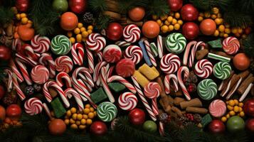 ai generiert Gelb Weihnachten Feier Urlaub festlich hell Zucker Lutscher Stock Süßigkeiten rot foto