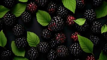 ai generiert schwarz Obst Hintergrund Frische reif Diät Zutat Brombeere köstlich Beeren foto