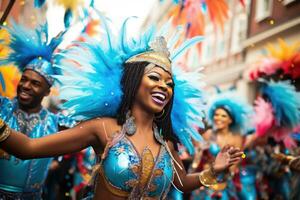 ai generiert kulturell Schönheit Tradition Festival Urlaub Karneval Straße weiblich Parade tanzen Kostüm foto