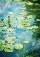 ai generiert Blühen Sommer- Schönheit Blatt Wasser- Grün Blume Wasser See Blumen- Lilie Lotus Weiß foto