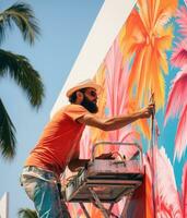 ai generiert Künstler Mann Person Stil Rebell Vandalismus Kreativität Aerosol Farbe Hintergrund Kunst Maler foto