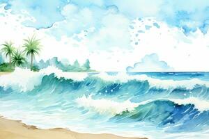 ai generiert Reise Aquarell Himmel Welle Blau Meer Sand Hintergrund Illustration Küste Natur Wasser foto