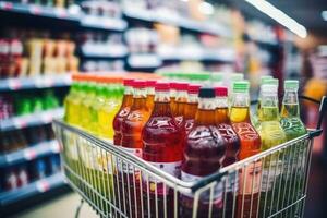 ai generiert Anzeige Verbrauch Markt Geschäft Reihe Plastik Supermarkt Flasche Lebensmittelgeschäft Einkaufen Essen foto