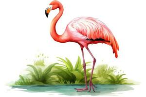 ai generiert Tierwelt Wasser rot lange Natur exotisch Rosa Feder Flamingo Zoo Sommer- Hals Kunst foto