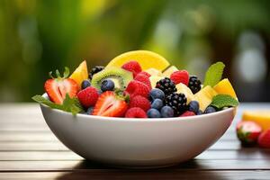 ai generiert Vegetarier köstlich Obst Süss Diät Dessert Essen frisch Schüssel Blaubeere gesund Orange foto
