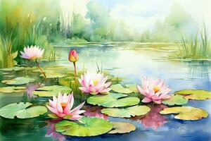 ai generiert Lilie Blumen- Pflanze Aquarell Grün Sommer- Natur Blume Hintergrund Lotus Schönheit foto