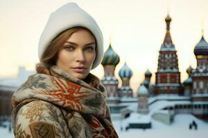 ai generiert Frau Weihnachten Dame Porträt jung kaukasisch Pelz Schnee Mode Modell- weiblich Weiß foto
