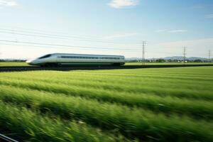 ai generiert Spur Passagier Transport ausdrücken Zug hoch Geschwindigkeit Schiene Technologie Wagen Reisender foto