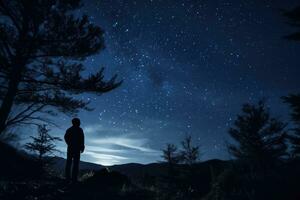 ai generiert Mann Kosmos Landschaft Person Silhouette Nacht Star Reise sternenklar Natur Astronomie foto