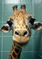 ai generiert Hals Tierwelt Afrika Kopf lange wild Natur Säugetier Zoo Pflanzenfresser Giraffe Tiere foto