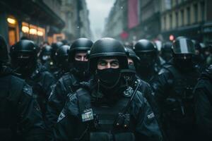 ai generiert Gesetz Sicherheit Protest Straße randalieren Offizier Politik Männer Regierung Rallye Polizist foto