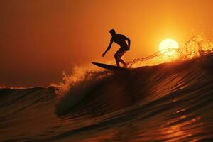 ai generiert Mann Sonnenuntergang Ozean Welle Wasser Silhouette Surfbrett Surfen Meer männlich Athlet Sport Sommer- foto