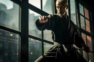 ai generiert Person Lebensstil Karate kaukasisch Leistung Aktion Kimono stark Männer gesund Kämpfer schwarz foto