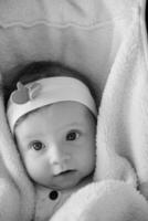 ein schwarz und Weiß Foto von ein Baby
